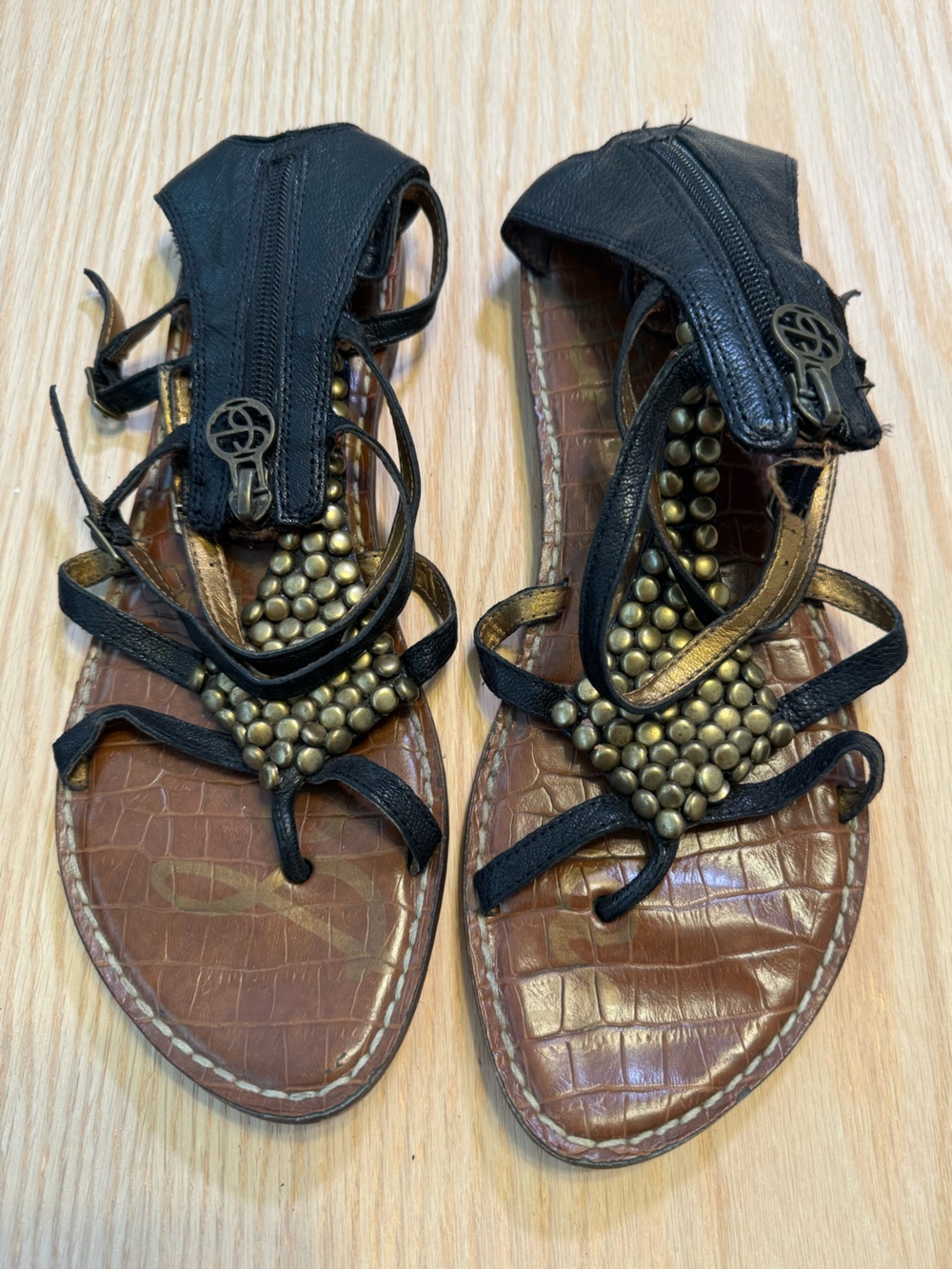 Sam Edelman Black Gladiator Sandals with Gold Stud Accents